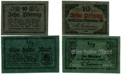 ВАЛЬДЕНБУРГ НАБОР ИЗ 2 БАНКНОТ 1917-1918 ДО 31 ДЕКАБРЯ 1918, НОТГЕЛЬД (10 ПФЕННИГОВ И 1/2 МАРКИ), ЗЕМЛЯ СИЛЕЗИЯ Grabowski W3.1 бумага 2193-17-3-2