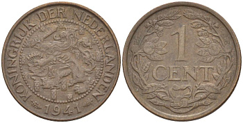 НИДЕРЛАНДЫ 1 ЦЕНТ 1941 ВИЛЬГЕЛЬМИНА I (1891-1948) KM 152 бронза 4532-1127