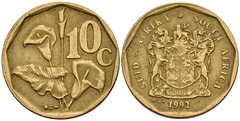ЮАР 10 центов 1992 цветок KM 135 сталь плакированная латунью 4174-846