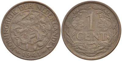 НИДЕРЛАНДЫ 1 ЦЕНТ 1941 ВИЛЬГЕЛЬМИНА I (1891-1948) KM 152 бронза 4532-1127