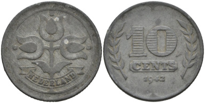 Нидерланды 10 центов 1942 Вильгельмина (1890-1948) KM 173 цинк 92-341