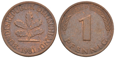 ФРГ 1 пфенниг 1981 D KM 105, J.380 сталь плакированная медью 4609-332