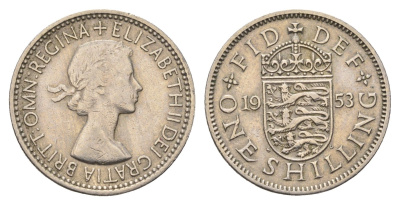 Великобритания 1 шиллинг 1953 год-тип, Елизавета II (1952-2022), Английский герб KM 890, Spink 4139 медно-никель 4699-451