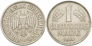 ФРГ 1 МАРКА 1960 J KM 110, J. 385 медно-никель 3718-1114