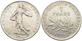 ФРАНЦИЯ 1 ФРАНК 1975 СЕЯТЕЛЬ KM 925.1, LE FRANC 226.20 никель 175-533