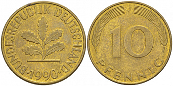 ФРГ 10 ПФЕННИГОВ 1990 J KM 108, J.383 сталь плакированная латунью 3718-842