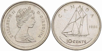 Канада 10 центов 1986 Елизавета II (1952-2022), парусник KM 77.2 никель 105-543