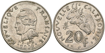 Французская Новая Каледония 20 франков 2002 три быка, (IEOM) KM 12, Schoen 14, Lec 115f никель 81-435