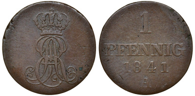 Ганновер 1 пфенниг 1841 A, Эрнст Август (1837-1851) KM 173.1, AKS 126, J. 54 медь 72-1047