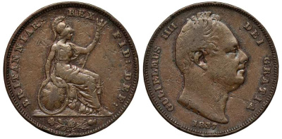 Великобритания 1 фартинг 1837 Вильгельм IV (1830-1837) KM 705, Spink 3848 медь 1518-143