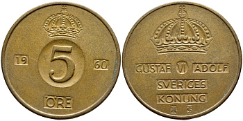 Швеция 5 эре 1960 TS Густав VI Адольф (1950-1973) KM 822 бронза 4397-153