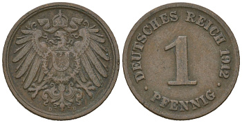 Германия 1 пфенниг 1912 D, Вильгельм II (1888-1918) KM 10, J. 10, Weege 2 медь 4615-226