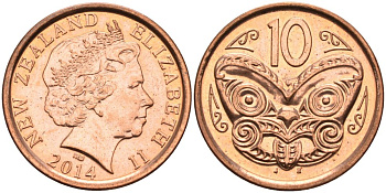 Новая Зеландия 10 центов 2014 маска Маори, Елизавета II (1952-) KM 117а сталь плакированная медью 72-331