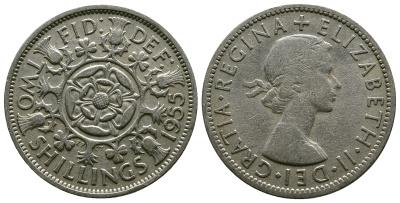 Великобритания 2 шиллинга (флорин) 1955 Елизавета II (1952-2022) KM 906, Spink 4146 медно-никель 4607-845