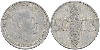 Испания 50 сентимо 1966 (68) Франсиско Франко (1939-1975) KM 795 алюминий 4181-1068