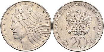 Польша 20 злотых 1975 MW, Международный год женщины KM 75, Parchimowicz 248 медно-никель UNC 4531-1225