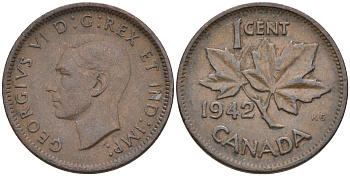 Канада 1 цент 1942 Георг VI (1937-1952), кленовый лист KM 32 бронза    4115-739