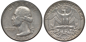 США 25 центов = квотер 1985 D, Вашингтон KM А164а медь плакированная медно-никелем 4122-235