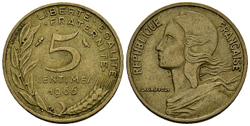 Франция 5 сантимов 1966 тип Marianne KM 933 алюминиевая бронза 4136-436