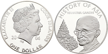 Острова Кука 1 доллар 2004 история Азии, Махатма Ганди KM 1156 медно-никель PROOF 01-234-45