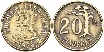 ФИНЛЯНДИЯ 20 МАРОК 1956 H KM 39 алюминиевая бронза 4563-251