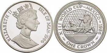 Остров Мэн 1 крона 1986 чемпионат мира по футболу 1986 года в Мексике, три игрока, атака КМ 163b серебро PROOF 1081-1-33