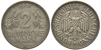 ФРГ 2 марки 1951 F J 386, KM 111 медно-никель плакированный никелем 413-3332