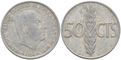 Испания 50 сентимо 1966 (68) Франсиско Франко (1939-1975) KM 795 алюминий 4181-1068