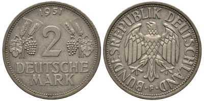 ФРГ 2 марки 1951 F J 386, KM 111 медно-никель плакированный никелем 413-3332