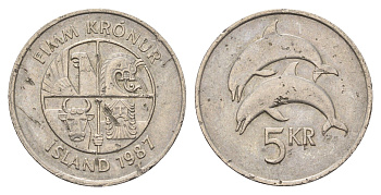 Исландия 5 крон 1987 дельфины KM 28 медно-никель 4589-452