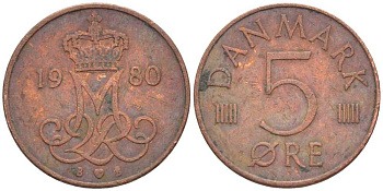ДАНИЯ 5 ЭРЕ 1980 B; B, МАРГРЕТЕ II (1972-) KM 859.2 железо плакированное медью 4392-715