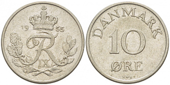ДАНИЯ 10 ЭРЕ 1955 N; S, ФРЕДЕРИК IX (1947-1972) KM 841.1 медно-никель 3718-342
