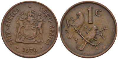 ЮАР 1 ЦЕНТ 1970 ГЕРБ, КАПСКИЕ ВОРОБЬИ KM 82 бронза 66-251