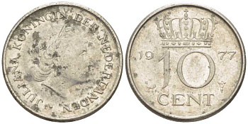 НИДЕРЛАНДЫ 10 ЦЕНТОВ 1977 ЮЛИАНА (1948-1980) KM 182 никель 211-1233