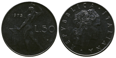 ИТАЛИЯ 50 ЛИР 1975 R, БОГ ОГНЯ ВУЛКАН У НАКОВАЛЬНИ KM 95.1 нержавеющая сталь 4384-1117