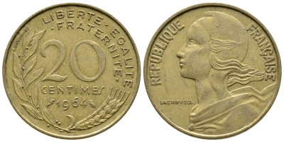 ФРАНЦИЯ 20 САНТИМОВ 1964 ТИП MARIANNE KM 930, LE FRANC 156.4 алюминиевая бронза 4364-3247