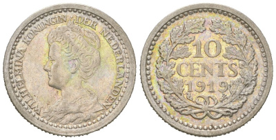 Нидерланды 10 центов 1919 Вильгельмина (1890-1948) KM 145 серебро 4151-751