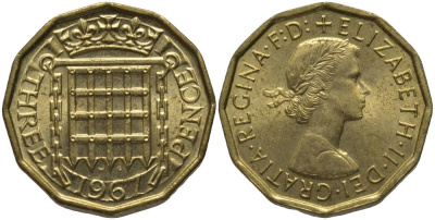 Великобритания 3 пенса 1967 Елизавета II (1952-2022) KM 900, Spink 4153 никель латунь UNC 181-617