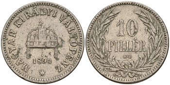 Венгрия 10 филлеров 1894 KB, Франц Иосиф I (1848-1916) KM 482 никель 4151-1055