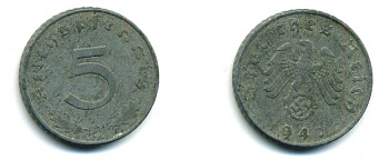 ГЕРМАНИЯ 5 РЕЙХСПФЕННИГОВ 1940 A, KM 100, J. 370 цинк 46-2216