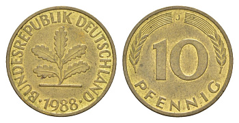 ФРГ 10 пфеннигов 1988 J KM 108 сталь плакированная латунью 4629-613