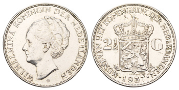 Нидерланды 2,5 (2 1/2) гульдена 1937 Вильгельмина I (1890-1948) KM 165 серебро 1518-923