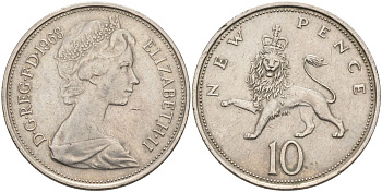 Великобритания 10 пенсов 1968 Елизавета II (1952-2022) KM 912, Spink 4231 (F1) медно-никель 4126-337