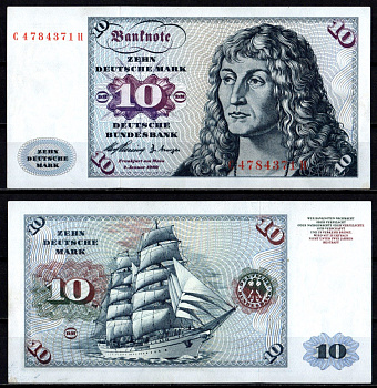 ФРГ 10 марок 1960 Альбрехт Дюрер. Kорабль "Горх Фок" Pick 19 бумага aUNC 451-1108-1