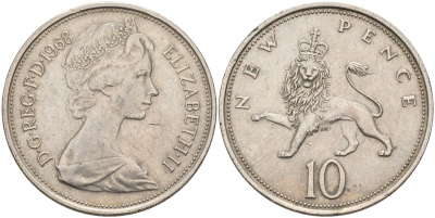 Великобритания 10 пенсов 1968 Елизавета II (1952-2022) KM 912, Spink 4231 (F1) медно-никель 4126-337