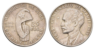 Куба 25 сентаво 1953 100 лет со дня рождения Хосе Марти KM 27 серебро 00-00