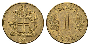 Исландия 1 крона 1971 KM 12a никель латунь aUNC 4695-534