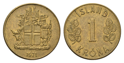 Исландия 1 крона 1971 KM 12a никель латунь aUNC 4695-534