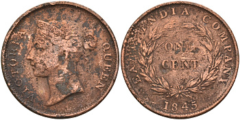 Стрейтс-Сетлментс 1 цент 1845 Виктория (1837-1901), Ост-Индская компания KM 3 медь 4590-216