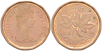 Канада 1 цент 1987 Елизавета II (1952-2022), кленовый лист KM 132 бронза 99-933